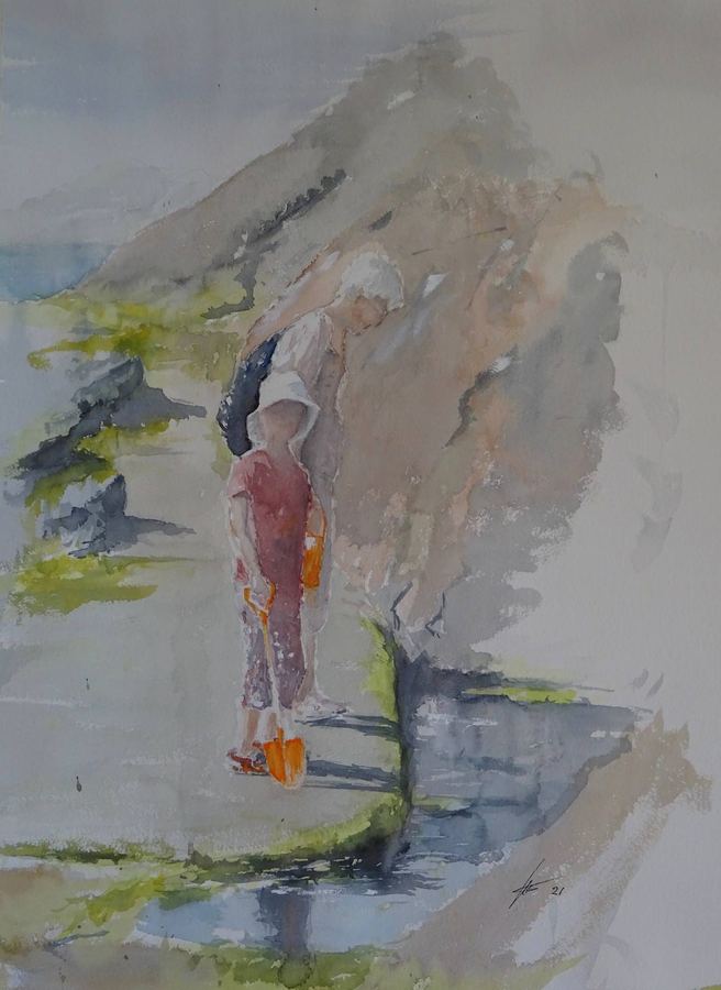 Crabfishing with Grandma, watercolour by Ian Clements