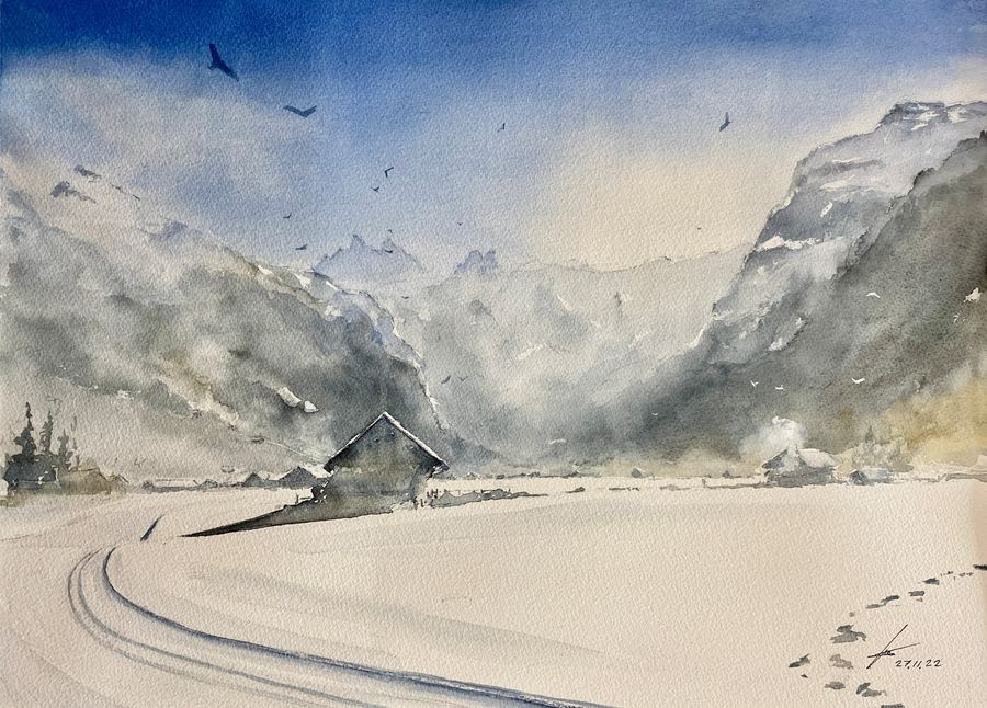 Loipe Engelberg, watercolour by Ian Clements