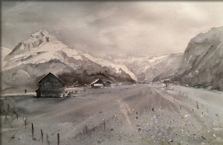 Paraglyder, watercolour by Ian Clements