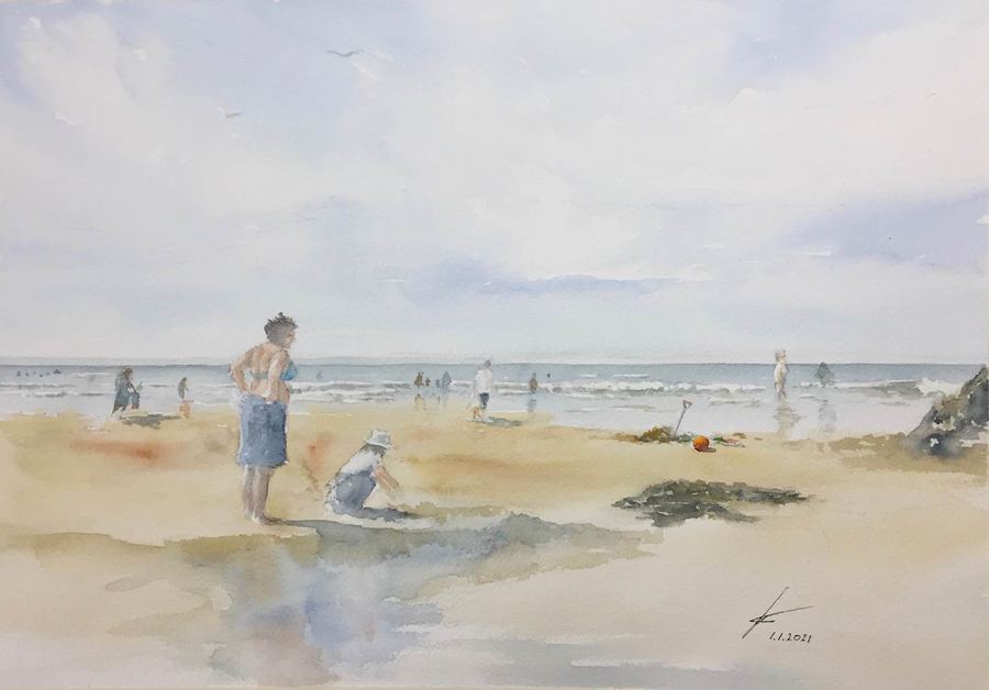Playing in the Sand, watercolour by Ian Clements